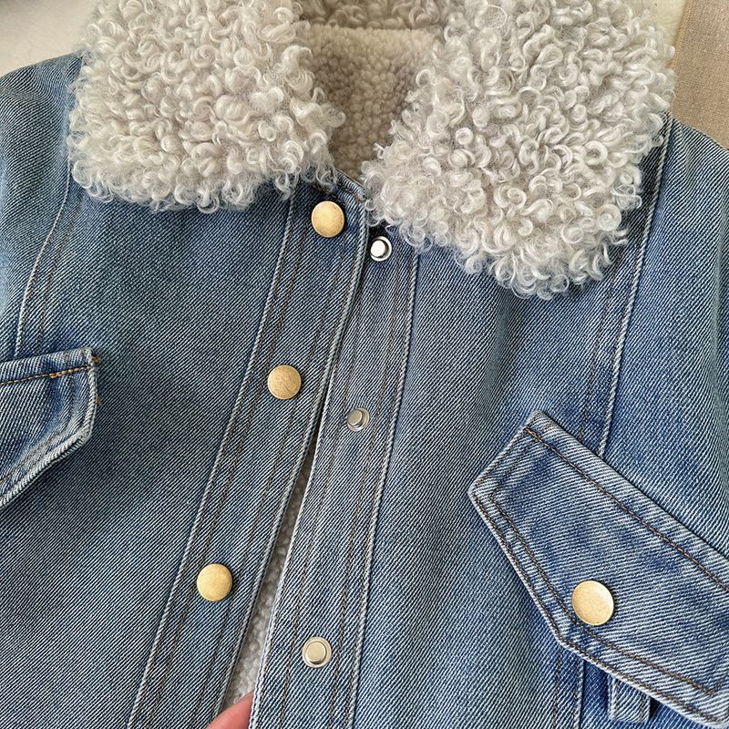 Giacca in morbido denim foderata in pile per bambine - Caldo cappotto invernale lungo con cintura staccabile, stile coreano alla moda per bambini piccoli e ragazzi (3-8 anni)_voghion.com