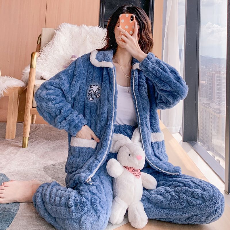 Pijamale din catifea jacquard pentru femei în timpul iernii, jachetă cu fermoar în stil coreean, pantaloni lungi, plus cămașă pentru casă de maternitate groasă mm_voghion.com