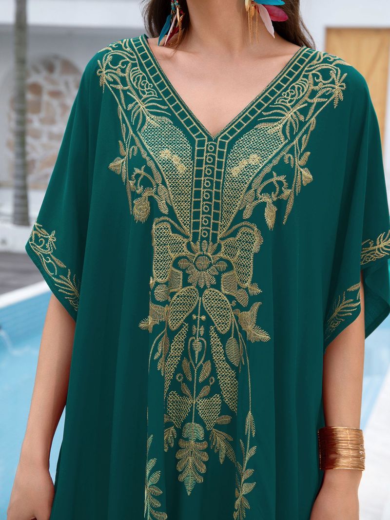 Copricostume da spiaggia da donna, in cotone, con ricami dorati, per le feste_voghion.com