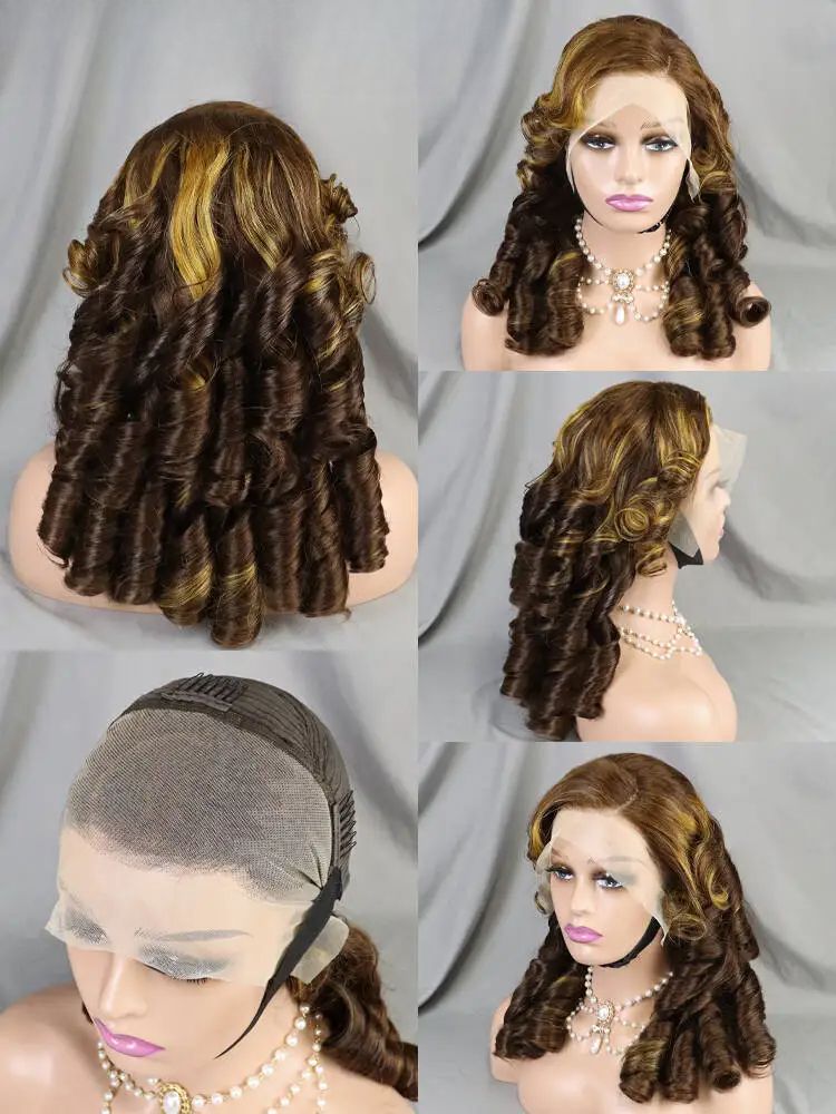 Parrucca frontale in pizzo da 13x4, 18 pollici, densità 250%, con capelli umani, riccioli elastici, pizzo trasparente, meches nere, biondo bordeaux_voghion.com