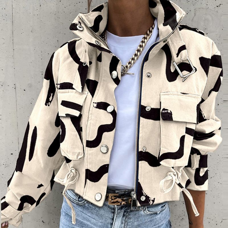 Damenbekleidung, stilvolle, britisch inspirierte Arbeitsjacke mit Kordelzug – langärmliger Freizeitmantel für Herbst und Winter (Khaki-Print, Armeegrün, Schwarz)_voghion.com