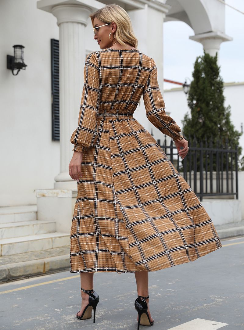 Autumn/Winter Women's Checkered Waist Split Mid Length Long Sleeved Dress_voghion.com