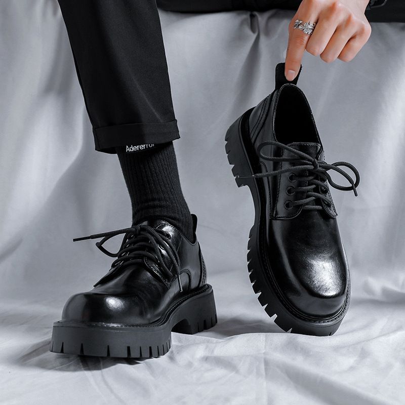 Leather Spring British Thick Sole Casual Derby Shoes Men's Formal Wedding Black Low-top Martin Boots_voghion.com