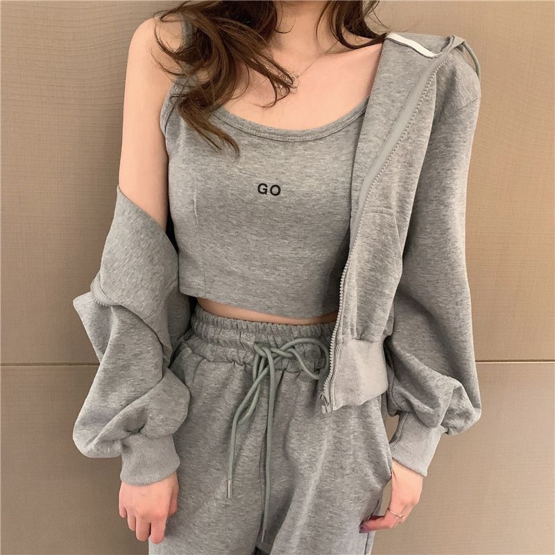Ensemble de sport décontracté en coton 6535 pour femme, short, sweat à capuche zippé, veste, caraco, ensemble trois pièces printemps-automne_voghion.com