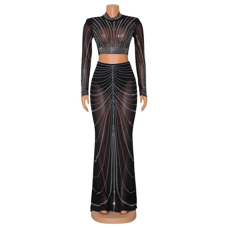 Abbigliamento da donna vestito con gonna a due pezzi sexy in maglia a maniche lunghe con diamanti caldi_voghion.com