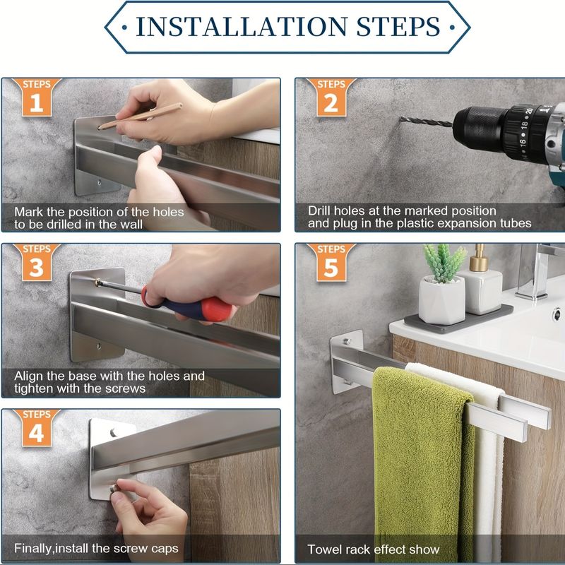 Towel Rail Stainless Steel Towel Holder Self-Adhesive Towel Rail Double No Drilling Bath Towel Holder For Bathroom Kitchen Wall Silvery 40 Cm_voghion.com
