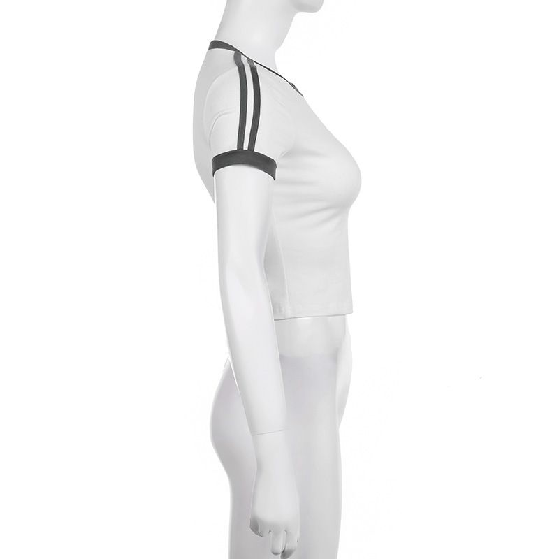 T-shirt da donna in stile retrò americano, vestibilità slim, girocollo, manica lunga, stampa a righe – Tessuto in maglia confortevole con design a blocchi di colore_voghion.com