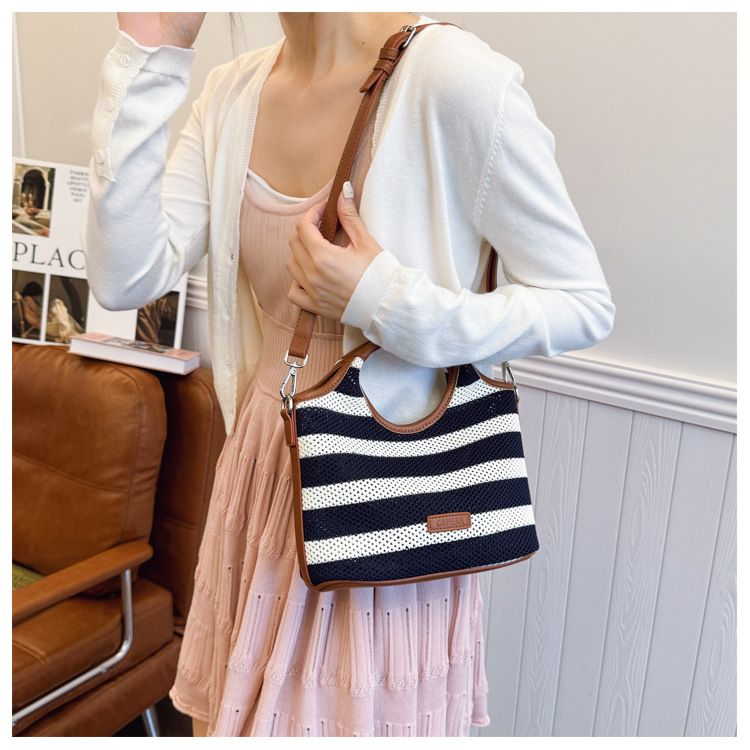 Borsa a secchiello con motivo a righe per donna, borsa da spiaggia casual in stile vacanza di grande capacità, tracolla singola_voghion.com