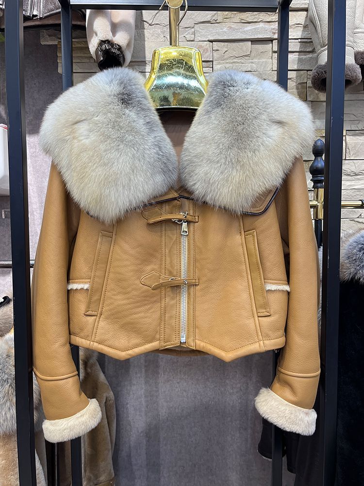 Cappotto invernale da donna in vera pelliccia di pecora merino naturale con collo in pelliccia di volpe, giacca in vera pelle, spessa, calda e di lusso_voghion.com