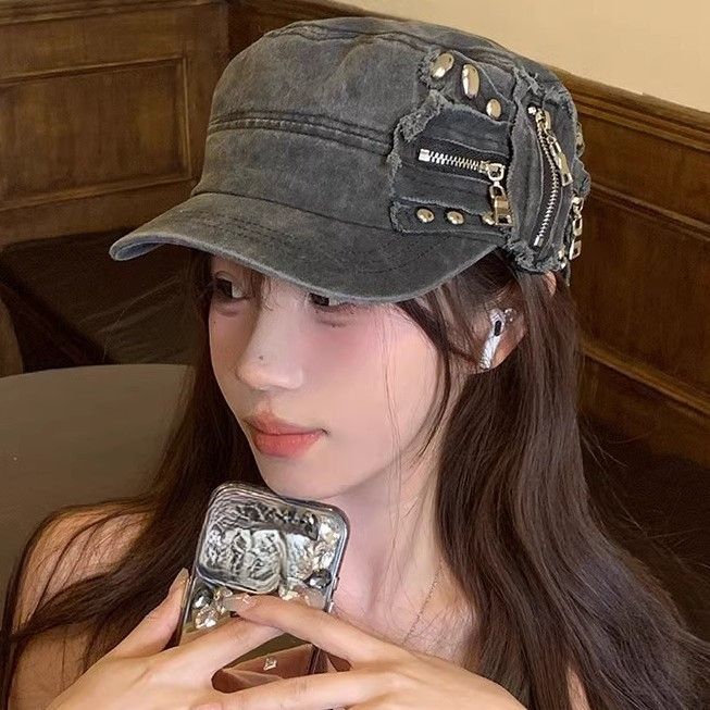 studded Zipper Flats,Designed For Women,Niche Heavy Craftsmanship,Y2K Trendy Cool Baseball Cap_voghion.com