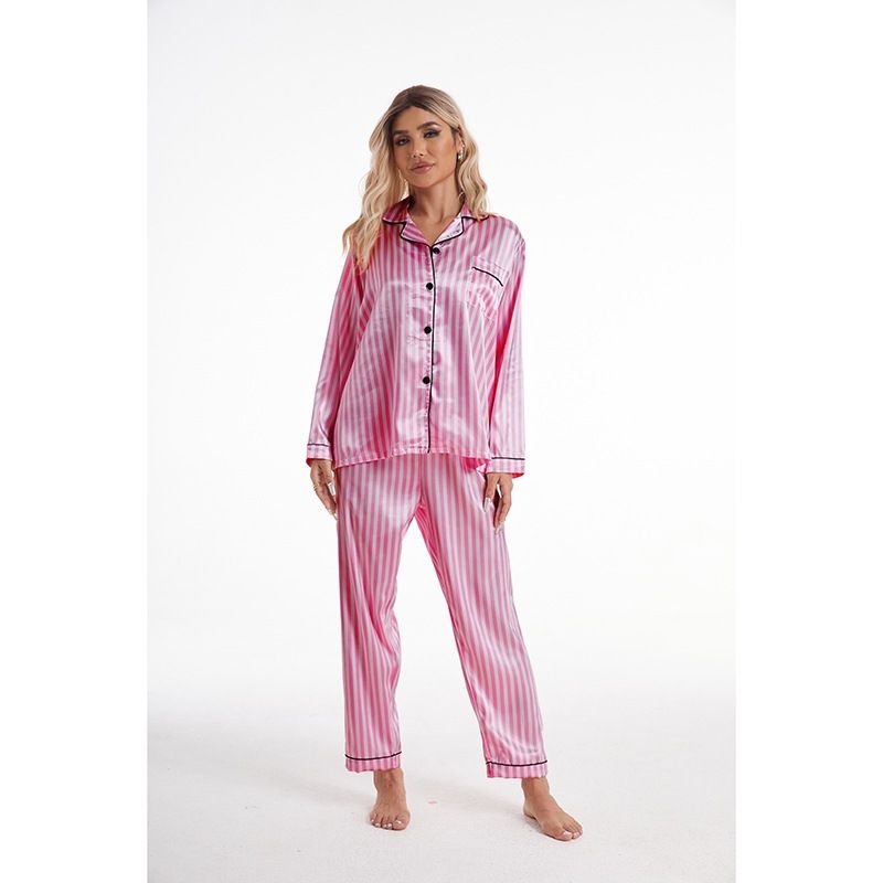 Dames gestreepte roze en witte ijszijde cardigan broek lange mouwen loungewear stijl pyjamaset nieuw_voghion.com