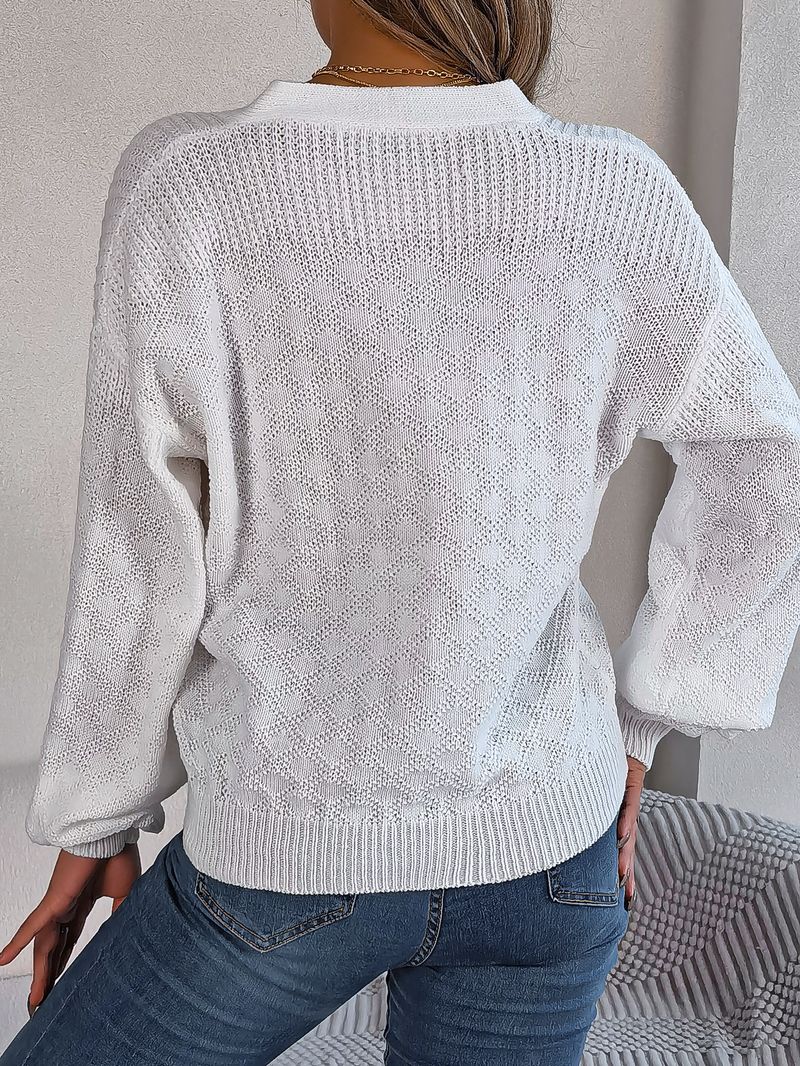 Maglione pullover casual con scollo a V e bottoni, manica a lanterna, stile autunno e inverno 2024, da donna_voghion.com