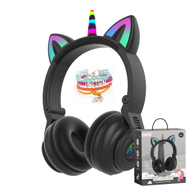 Cuffie wireless HiFi per ragazze con unicorno, microfono, stereo, bassi carini, musica per bambini, supporto per cuffie Bluetooth a forma di gatto_voghion.com