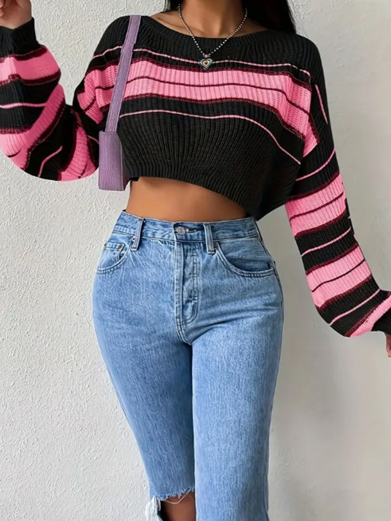 Schulterfreier Strickpullover mit Kontraststreifen, Kurzer Schnitt mit sichtbarem Bauchnabel, Langarmpullover_voghion.com
