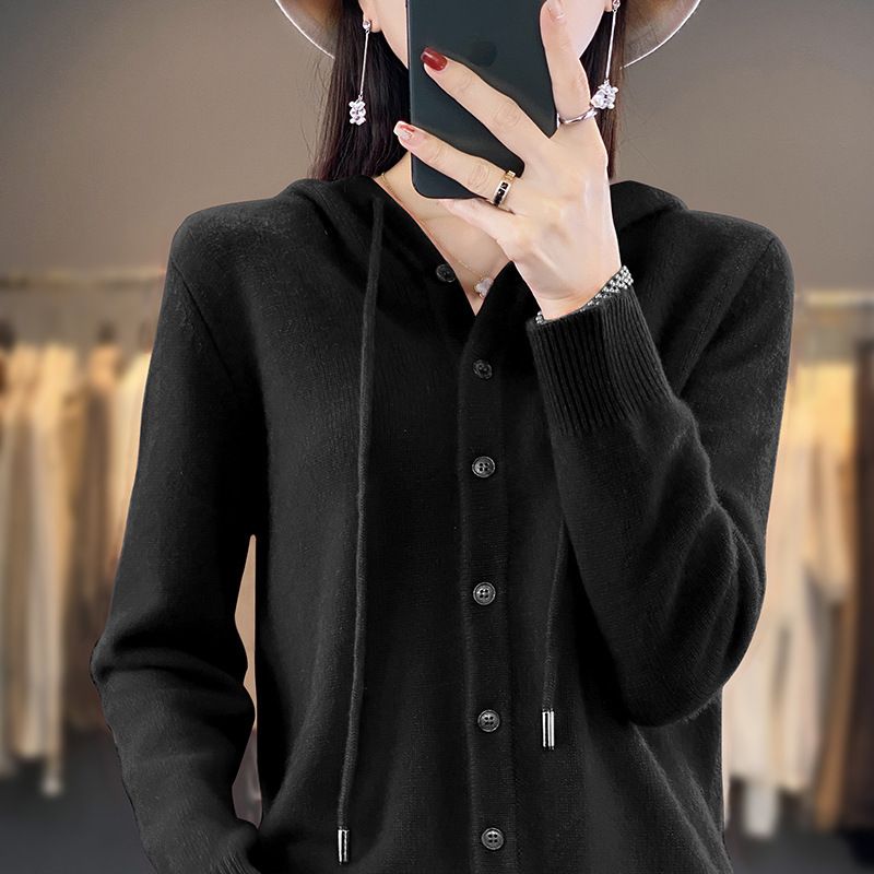 Cardigan lavorato a maglia con cappuccio, nuovo colore solido autunnale per donna, maglione corto e largo, felpa con cappuccio_voghion.com