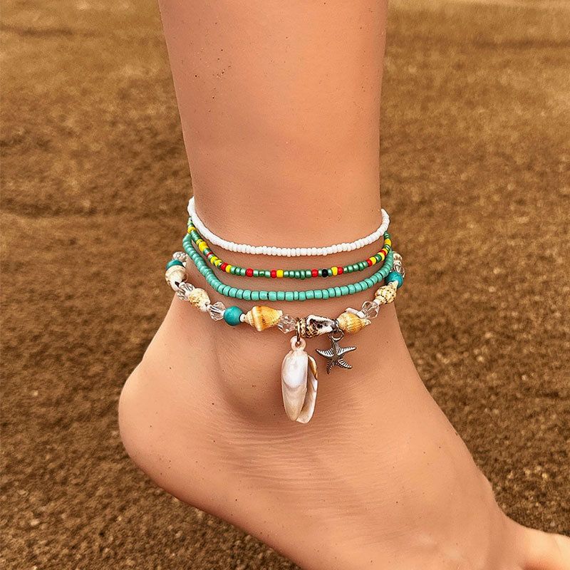 Cavigliera con ciondolo a forma di conchiglia e stella marina, stile bohémien, per accessori da spiaggia da donna_voghion.com