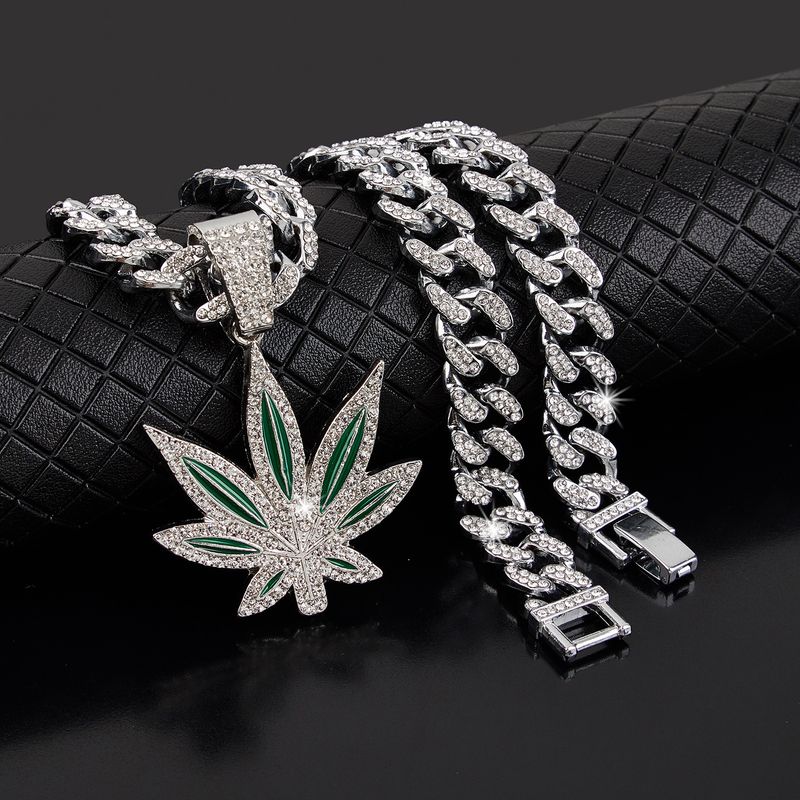 Heißer Verkauf Mode Diamant Rot Und Blau Emaille Ahornblatt Halskette Männer Hip Hop Punk Anhänger Halskette_voghion.com
