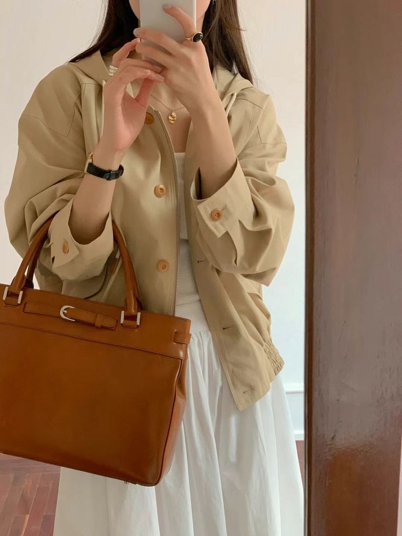 Ruhiger koreanischer Herbst-Trenchcoat im neuen Design: Einreihiger Arbeitsmantel mit Kapuze, Taschen und neuem Taschenmuster für Damen_voghion.com