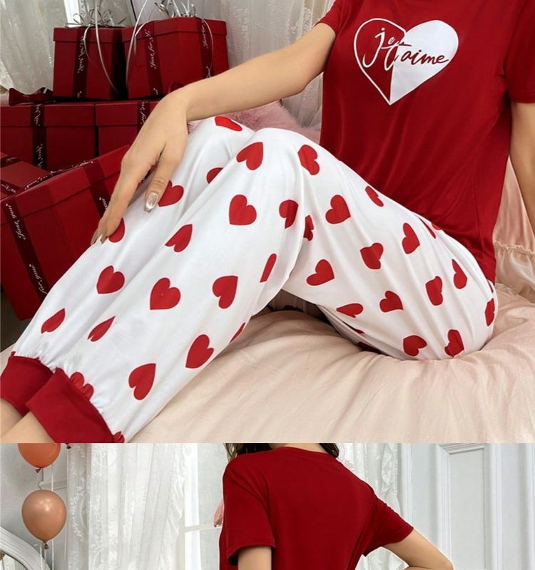 Conjunto de pijama de talla grande para mujer, ropa de estar por casa, estampado en forma de corazón, conjunto de pantalón y camiseta de manga corta, ajustado, informal y cómodo._voghion.com