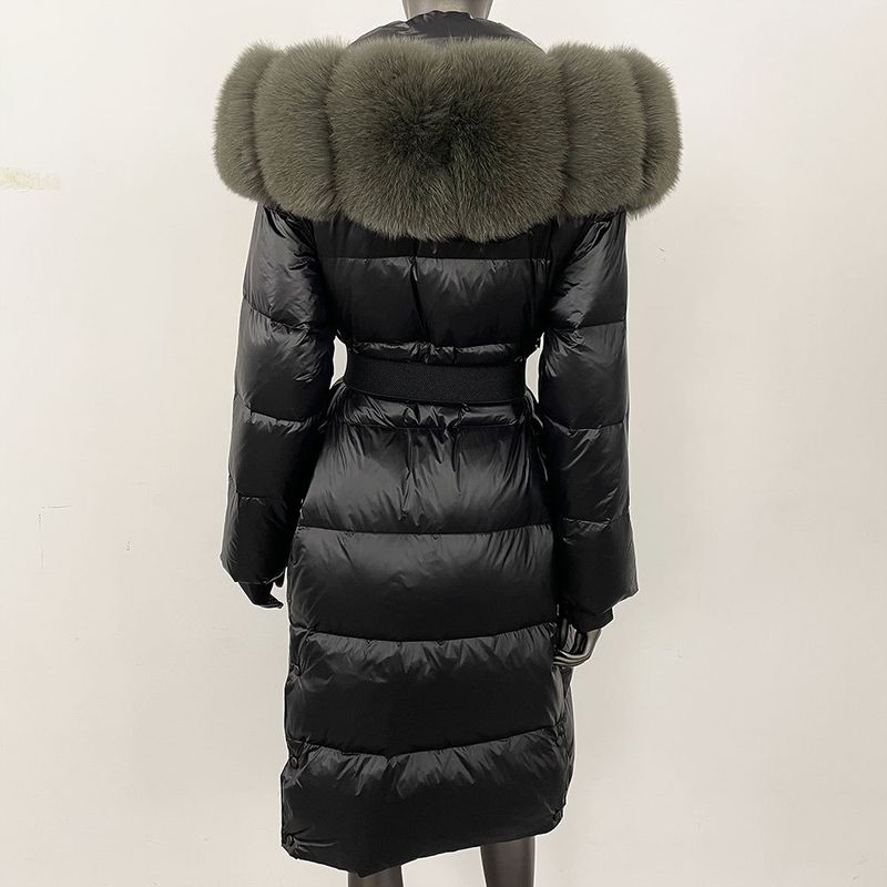 Damenbekleidung Fuchspelzkragen, langer Taillengürtel, luxuriöser langer Daunenmantel mit Kapuze und Gürtel, elegante und warme Winterjacke für Damen_voghion.com