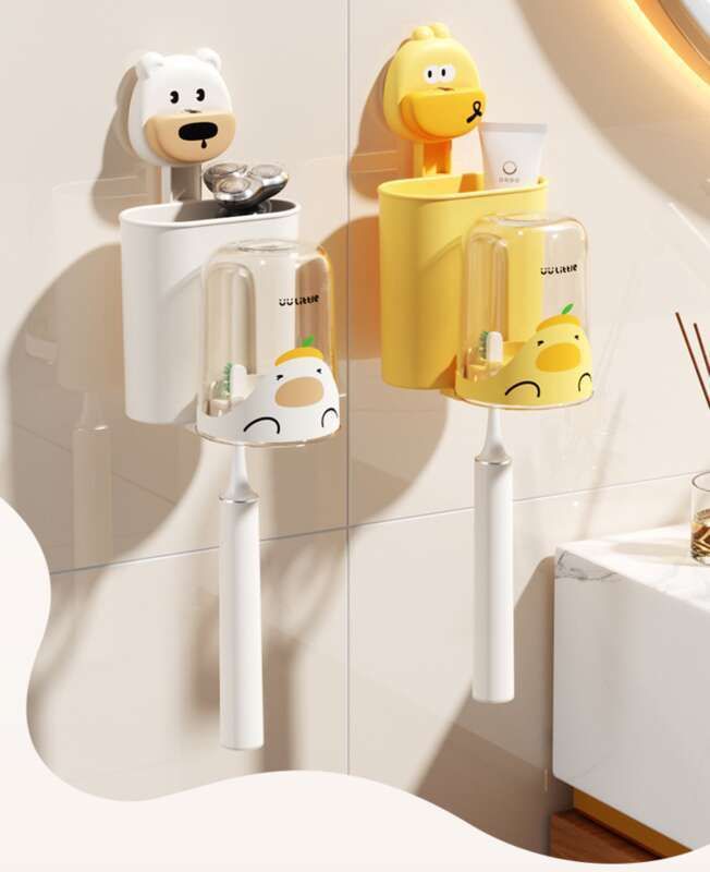 Estante de almacenamiento para cepillos de dientes con ventosa de dibujos animados, soporte para vaso de pasta de dientes de pared sin perforaciones, enjuague bucal infantil para baño_voghion.com