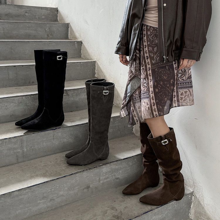 Genuine Leather Pointed-Toe Knee-High Boots_voghion.com