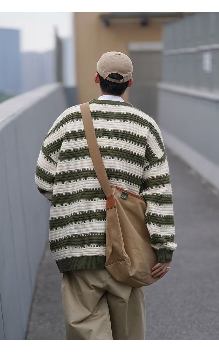 Japanese striped men's winter trend loose fitting pullover long sleeved knitted lazy style thick woolen sweater jacket_voghion.com