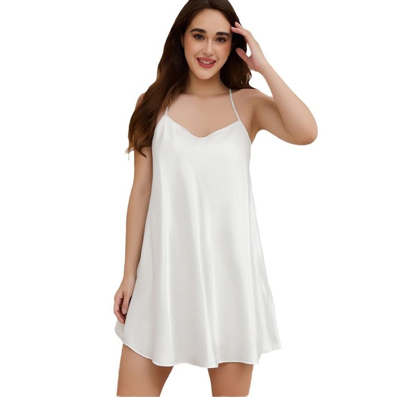 New Plus Size Ice Silk Solid Color Nightdress For Women With Straps Simple Short Nightgown Homewear SQ22148_voghion.com