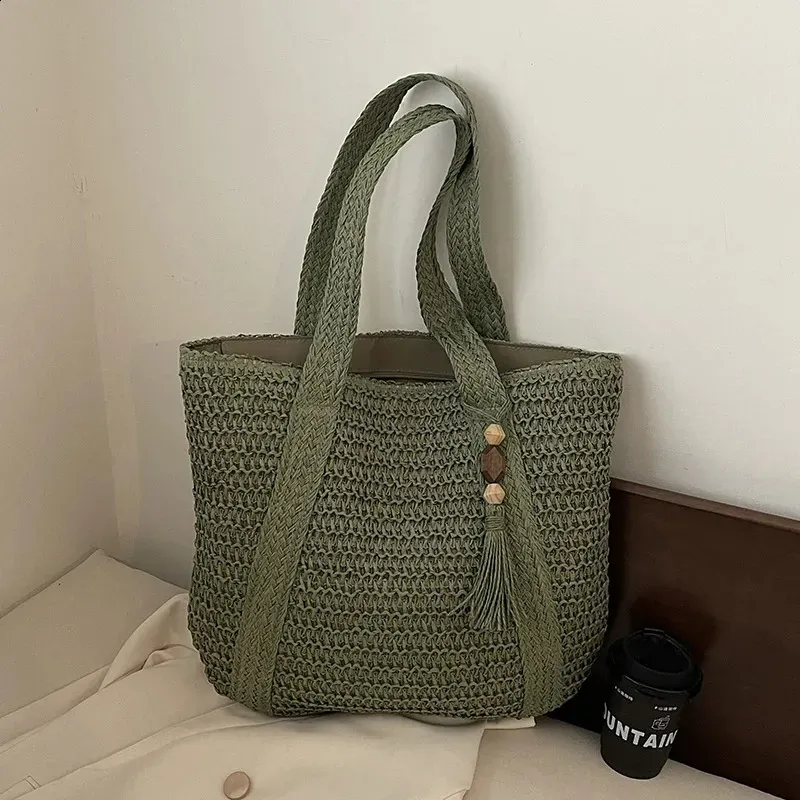 Summer Woven Shoulder Bag Women Beach Female Straw Knitted Handmade Large Capacity Handbag Purse Travel Tote Bags 240906_voghion.com