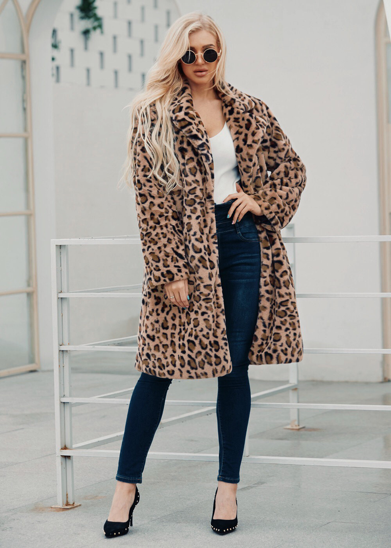 Damenbekleidung F0208 langer Leopardenmuster-Anzugkragen-Imitat-Pelzmantel Damen-Freizeitmantel Herbst und Winter neue Mode_voghion.com