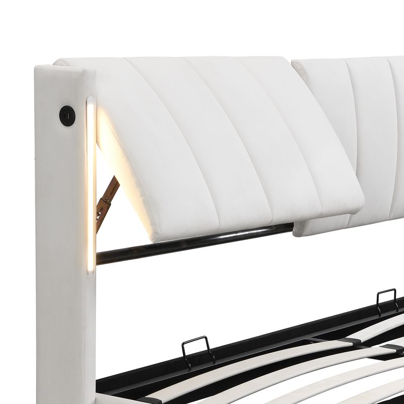 Lit rembourré LED binaural 160 x 200 cm, lit coffre hydraulique avec tête de lit réglable, port USB rechargeable, éclairage LED, texture pierre PU, blanc_voghion.com