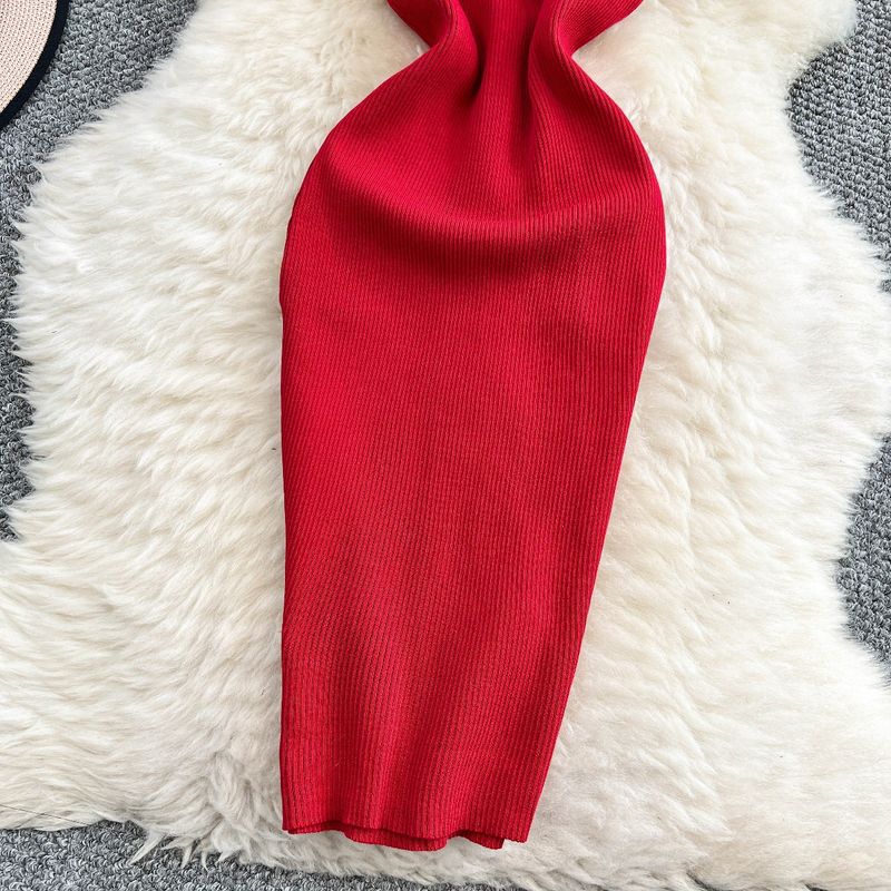 Women's Clothing Pure Desire Style Sexy Sleeveless Cross Halter Neck Knitted Dress Elastic Waist Slim Hip Skirt_voghion.com