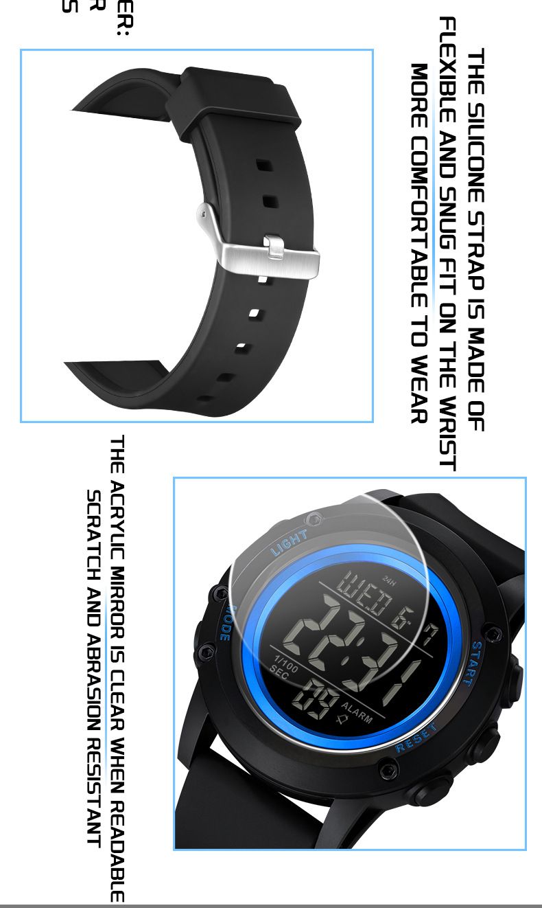 Orologio sportivo digitale con impermeabile fino a 50 m, sveglia multifunzione, cronometro, retroilluminazione a LED per uomini e donne, orologi elettronici per studenti multifunzione_voghion.com