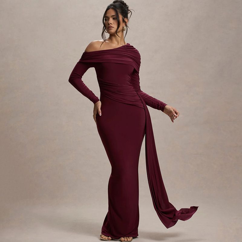 Elegante abito aderente a maniche lunghe con spalle scoperte, volant e vita alta – Abito da sera slim fit alla moda per donna_voghion.com