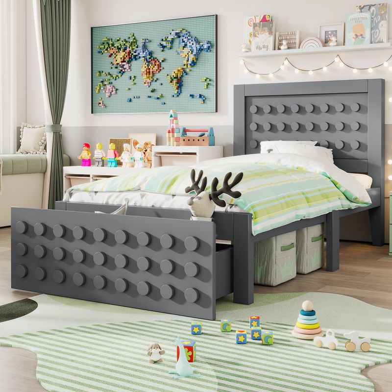 Holzbett 90x200cm mit Blockdesign, Massivholz, Schubladen, Grau_voghion.com