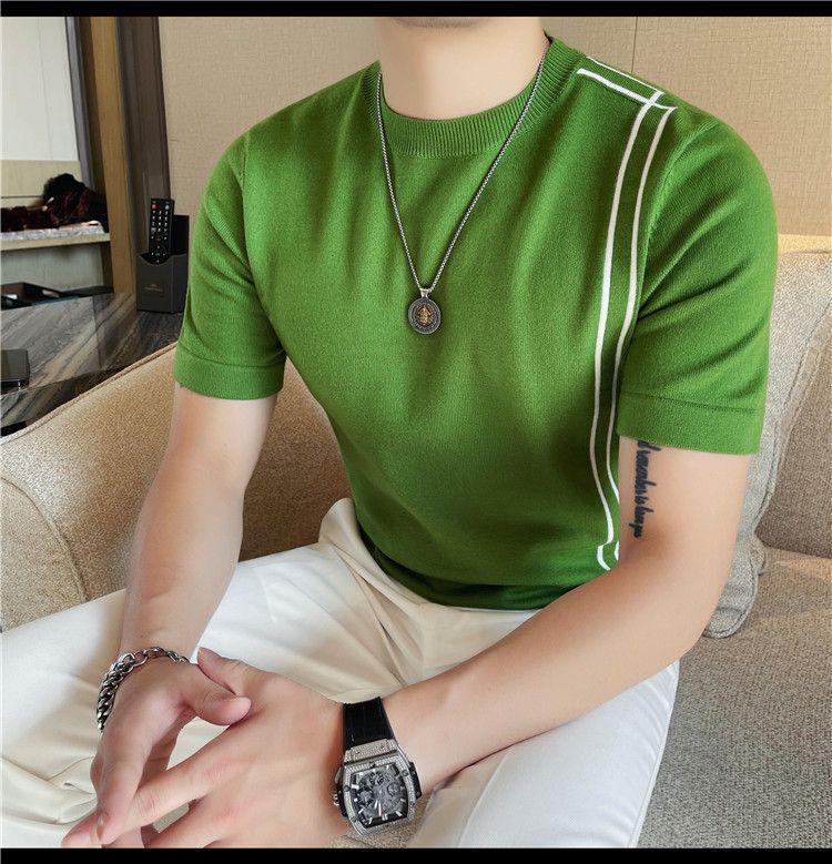 Summer New Products Men's Thick Short Sleeve T-Shirt Threaded Neckline Short Sleeve Knitted Sweater Slim Fit Elastic Bottom Sweater Undershirt_voghion.com