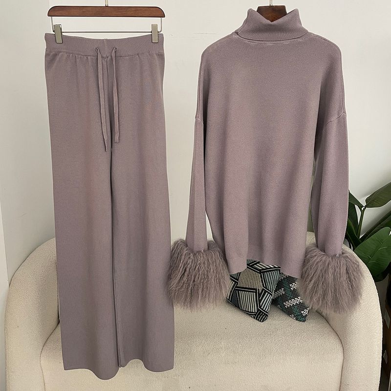 Ensemble en tricot avec poignets en fourrure de renard pour femme – Pull ample à col montant et pantalon large pour l'automne/hiver_voghion.com