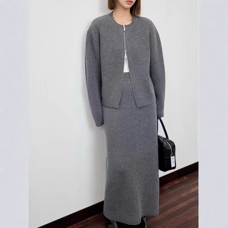 Nieuwe ronde hals, gebreide tweedelige herfst-winterset in Koreaanse stijl met rits en elegante trui en halve rok voor dames_voghion.com