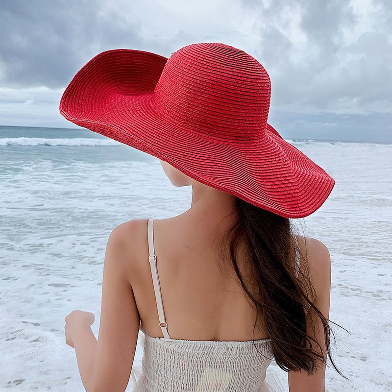 Cappello da spiaggia pieghevole oversize da donna, con tesa larga da 15 cm, estivo, da viaggio, in paglia, per donna, per vacanze all'aperto, arrotolabile, UPF50+_voghion.com