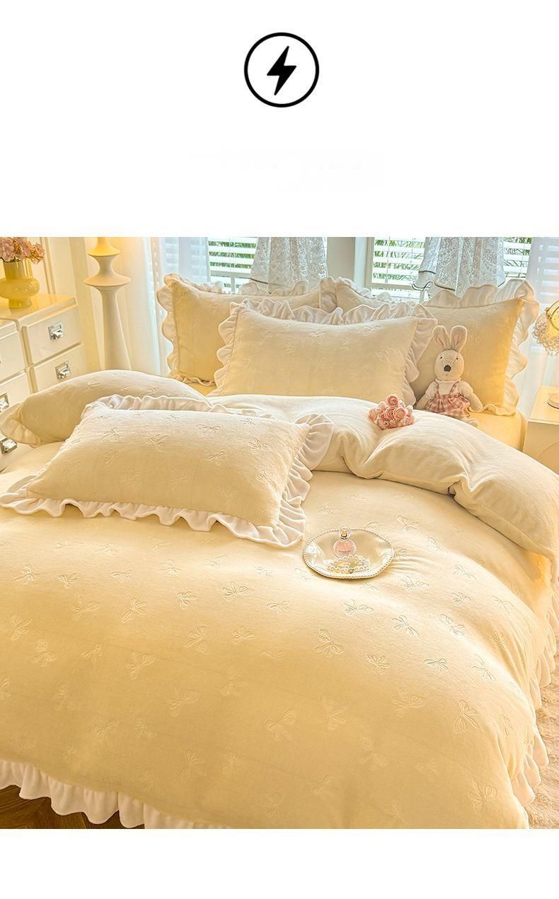 Korean Version Milk Four-Piece Fresh Lace Double-Sided Bed Sheet Duvet Cover Three-Piece Set Thickened Coral Velvet_voghion.com