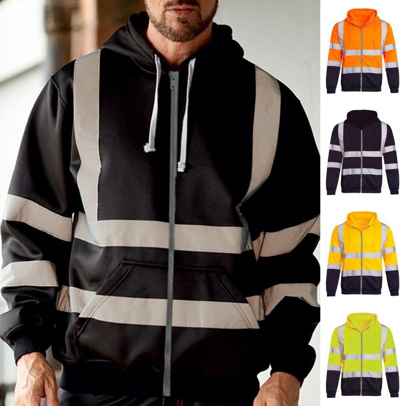Reflektierender Herren-Kapuzenpullover mit Kordelzug, lockerer Reißverschluss, langärmeliger Kapuzenpullover, Winter-Arbeitssicherheitsmantel, feuchtigkeitsableitendes Sweatshirt_voghion.com