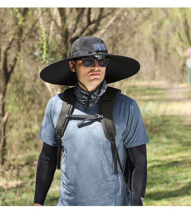 Sonnenhut mit Drahtkrempe für Herren – Outdoor-Kappe zum Angeln und Wandern mit breiter Krempe und USB-Ladelüfter, knitterfreies und formbeständiges Design_voghion.com