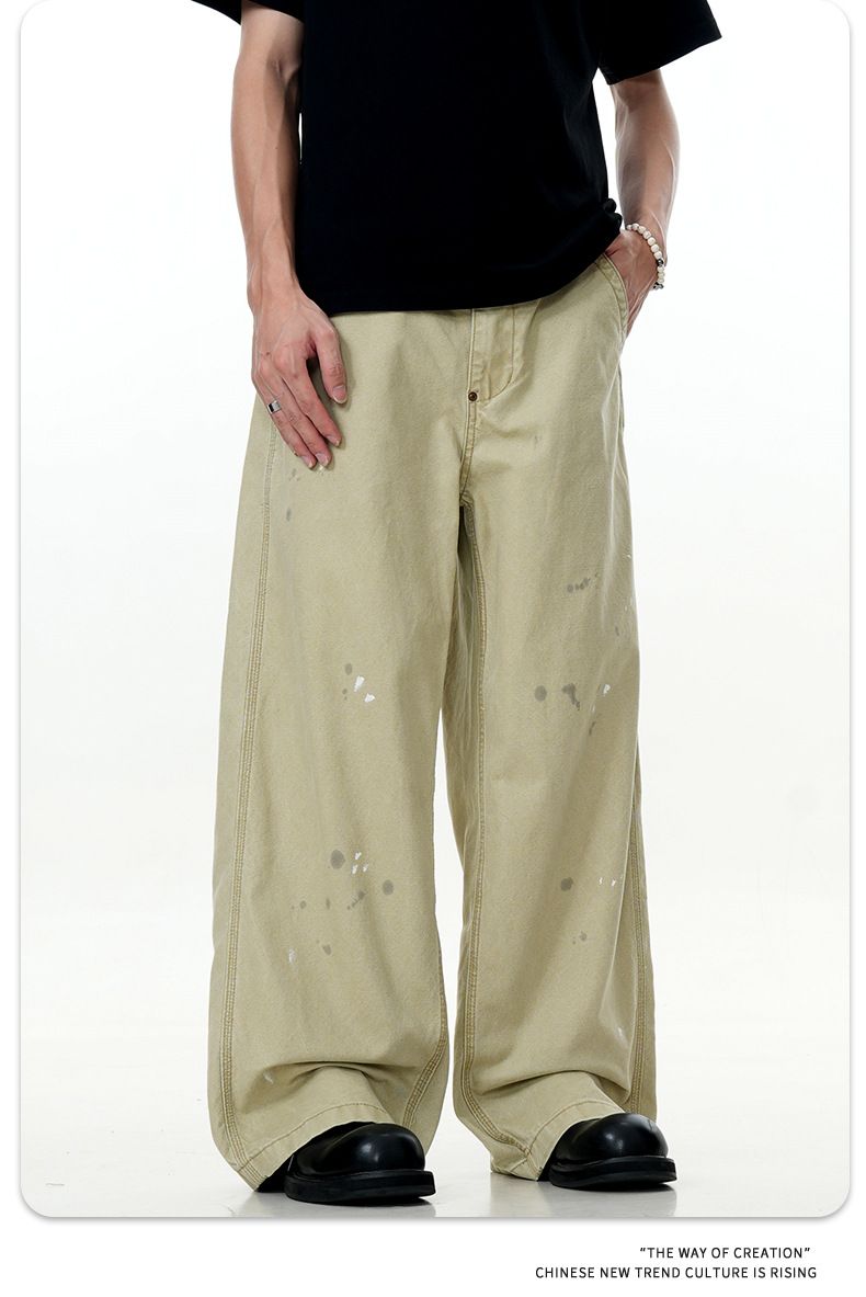 Men's Clothing Retro Ink Splashed Design Jeans Trendy Loose Straight Wide Leg Trousers_voghion.com