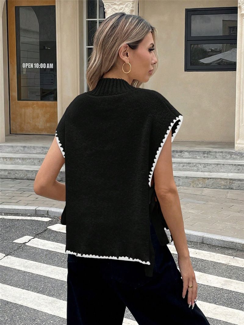 Dameskleding Dames Mouwloos Trui Vest Eenvoudig Ontwerp Contrasterende Kleur Strik Top_voghion.com