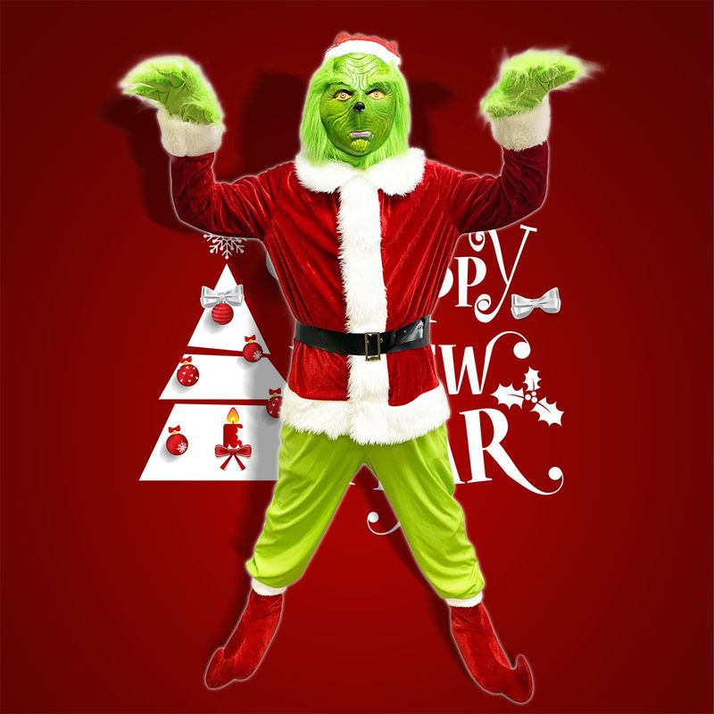 The complete set of Genie dressed as Grinch Christmas Monster, stealing cosplay, Halloween Green Haired Monster_voghion.com