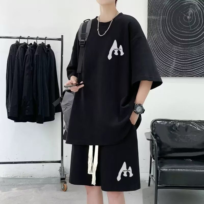 Herren Waffel Kurzarm T-Shirt Freizeitanzug Ins Trendy Fashion Hübsche Shorts Zweiteiliger Anzug_voghion.com