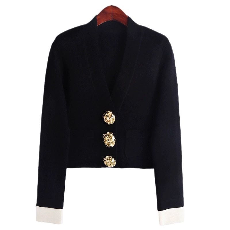 Ropa de mujer Cárdigan de punto ligero de lujo nuevo con botones dorados en contraste blanco y negro y escote en V_voghion.com