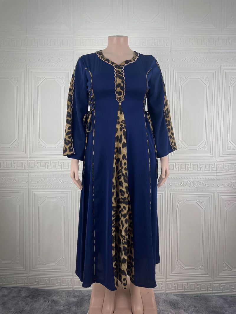 Elegante abito abaya musulmano da donna con finiture leopardate – Abito lungo a maniche lunghe e sobrio per donna, taglie forti 0XL-5XL_voghion.com