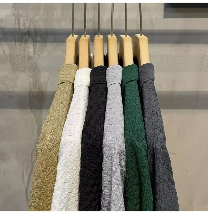 Herrenbekleidung Sommer New Ins Revers Kurzarm Poloshirt Herren Leichtes Luxus All Match Einfarbiges Kariertes Textur T-Shirt_voghion.com