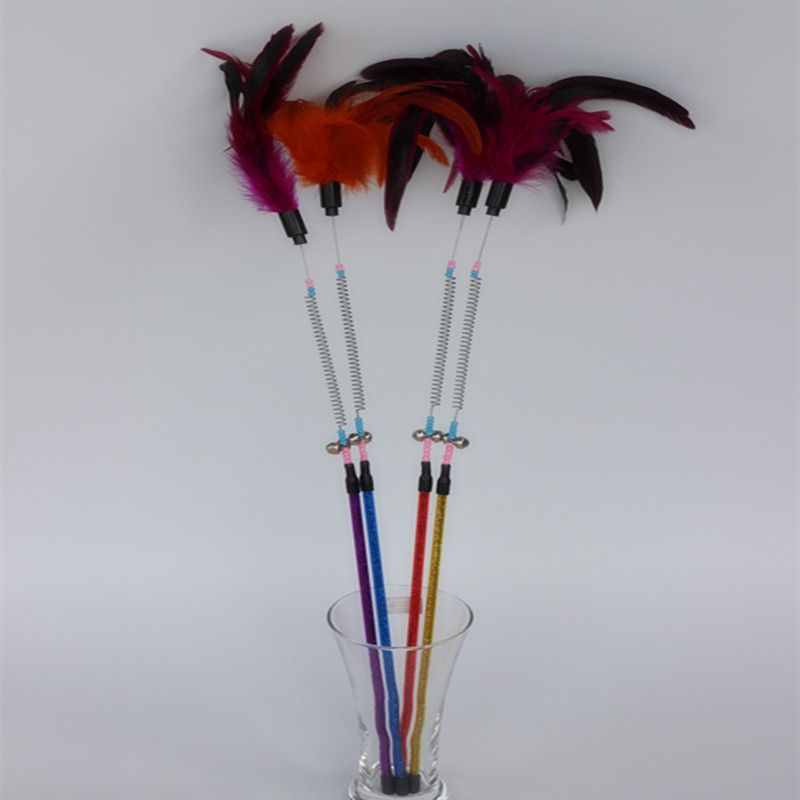Colorful Spring Bell Feather Wand Teaser Rod Cat Toy_voghion.com